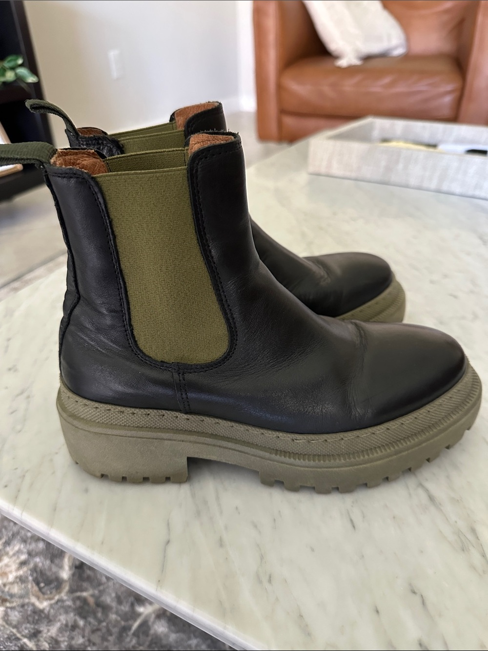 Shoe The Bear Size 37 Black Leather Chelsea Boots with Olive Elastic Panels